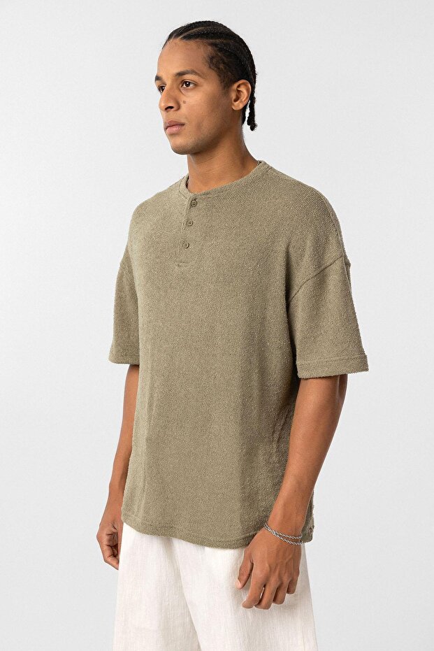 Basic Oversize Düğme Yaka Tişört Haki - 5
