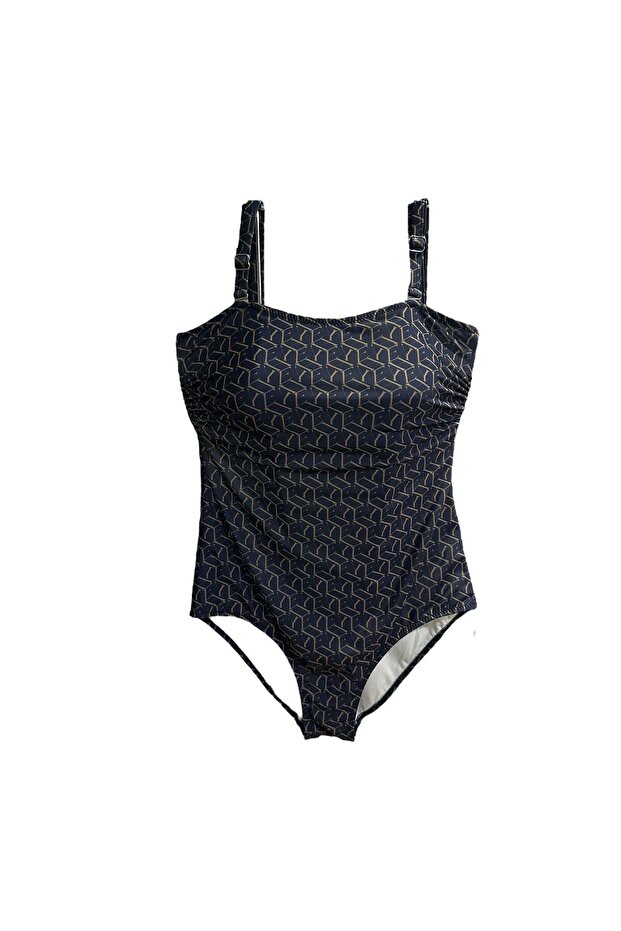 Women's Navy Blue Letter Printed Lined Fixed Covered Recovery Swimsuit