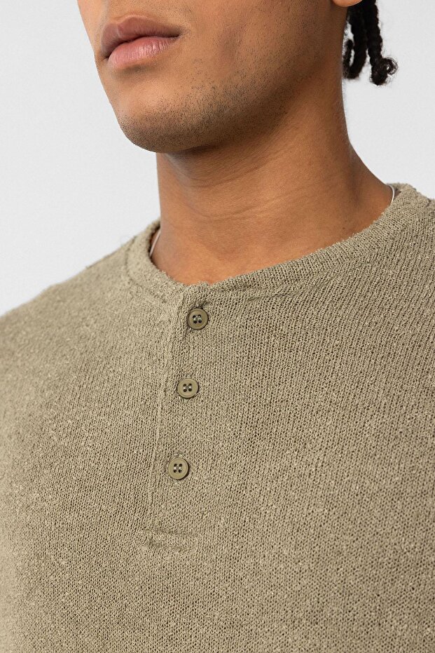 Basic Oversize Düğme Yaka Tişört Haki - 4