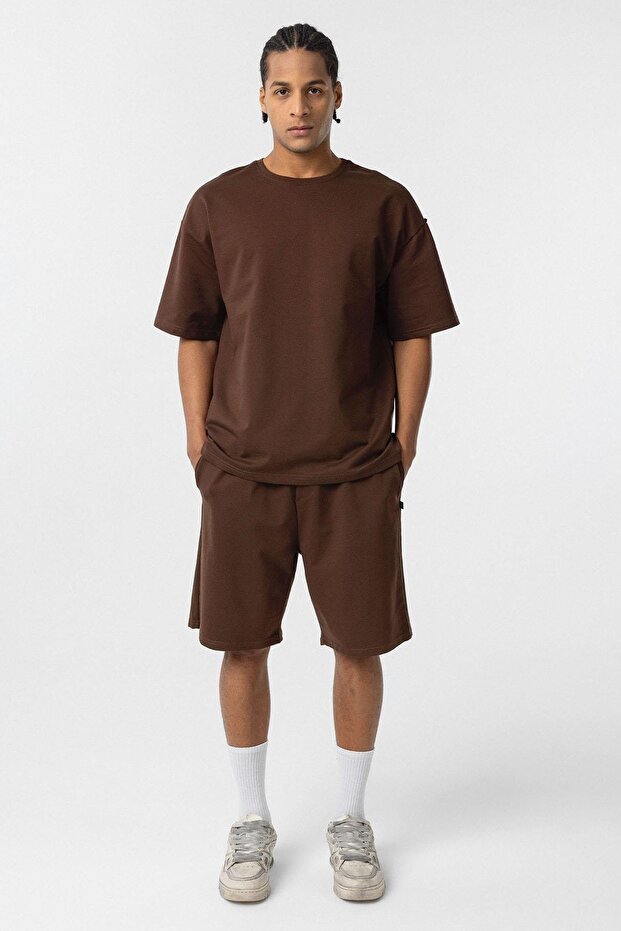 Basic Oversize Şort Takım Kahve - 1