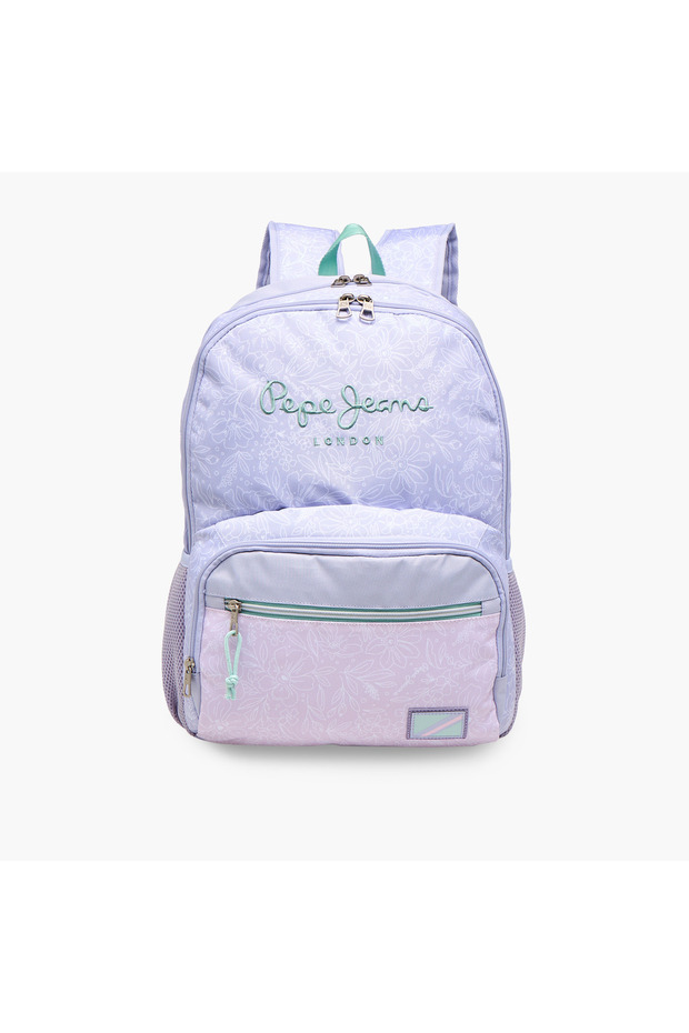 Floral Print Backpack with Adjustable Straps and Zip Closure - 33x46x17 cms