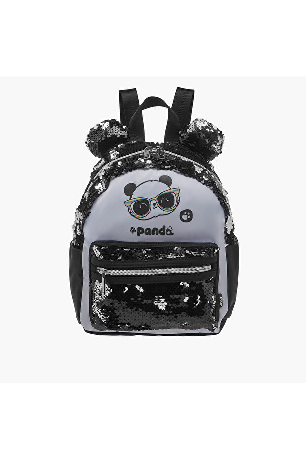 حقيبة ظهر بطبعة باندا مرصعة بالترتر مع أحزمة قابلة للتعديل - 27×23×11 سم - 1