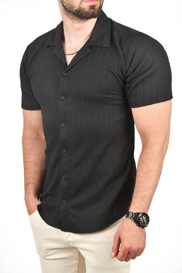 Men's Black Slim Fit Cotton Apaş Collar Short Sleeve Combed Cotton Shirt Textured Jacquard Fabric Slim Fit Sports Shirt