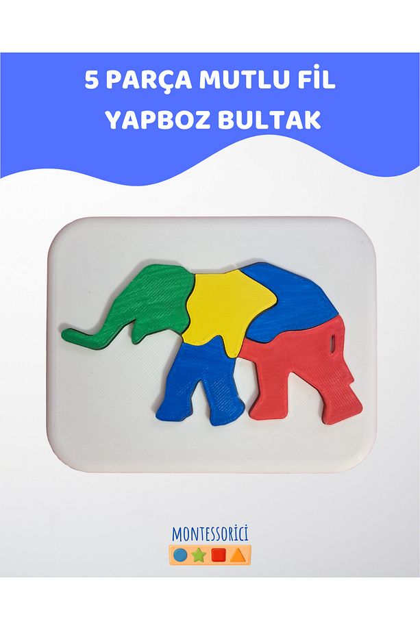5 Parça Mutlu Fil Bultak Yapboz ve Yerleştirme Tablası–Montessori Uyumlu,2 Yaş Üzeri, Eğitici Puzzle - 1