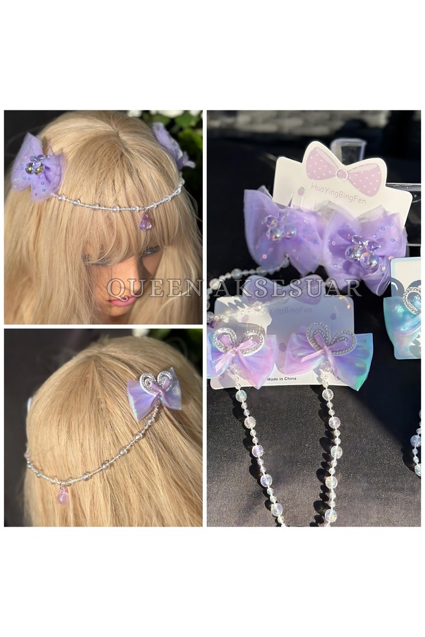Fairy Girl Bindallı Authentic Pendant Stone Beaded Chain Crown Forehead Crown Pincer Bow Buckle Purple
