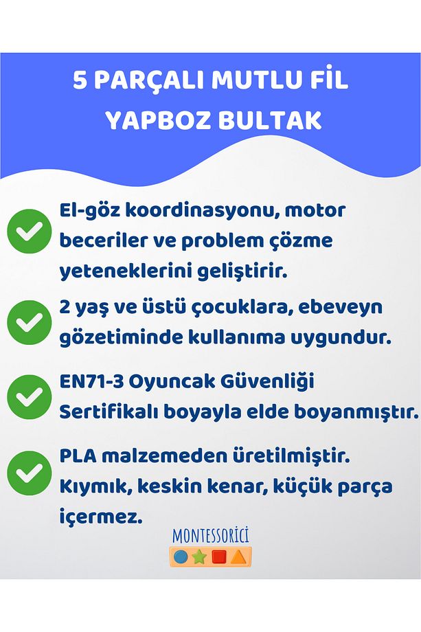 5 Parça Mutlu Fil Bultak Yapboz ve Yerleştirme Tablası–Montessori Uyumlu,2 Yaş Üzeri, Eğitici Puzzle - 5
