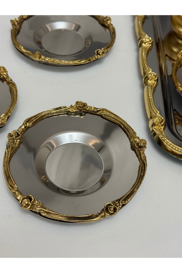 GÜMÜŞ RENK GÜL ÇERÇEVELİ MODEL 6 ADET BARDAK ALTLIĞI ÇAY TABAĞI MODERN GÖRÜNÜM - 2