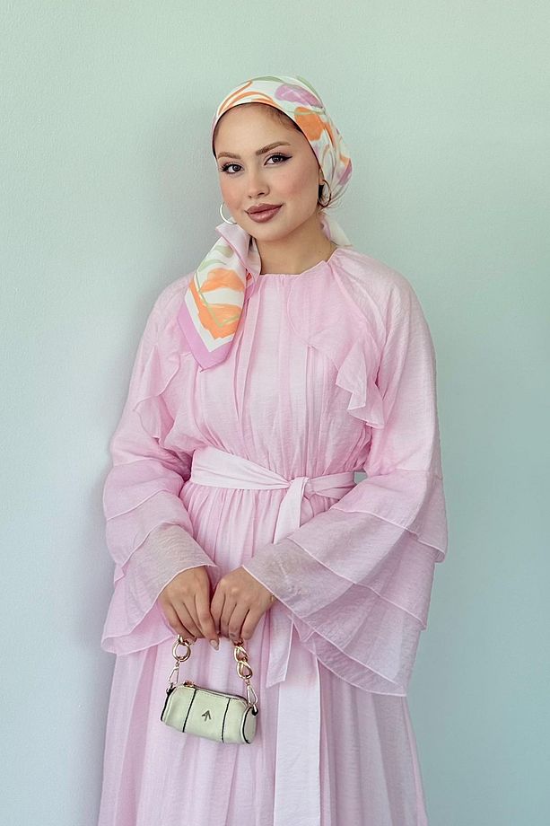 Delux Fırfırlı Pamuk Elbise PEMBE - 4