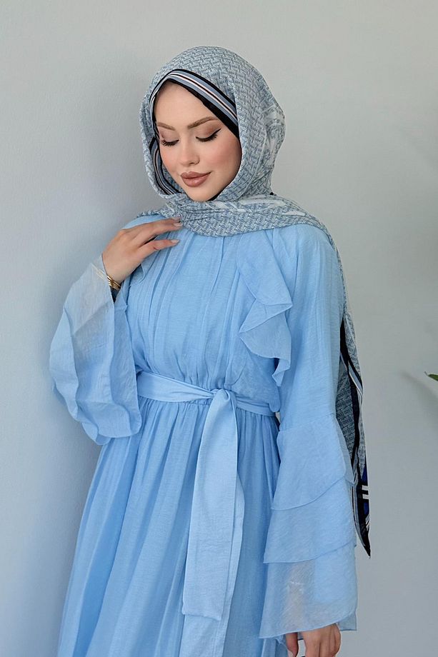 Delux Fırfırlı Pamuk Elbise MAVİ - 4