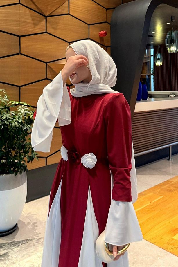 Kran Çift Renkli Elbise Bordo - 2