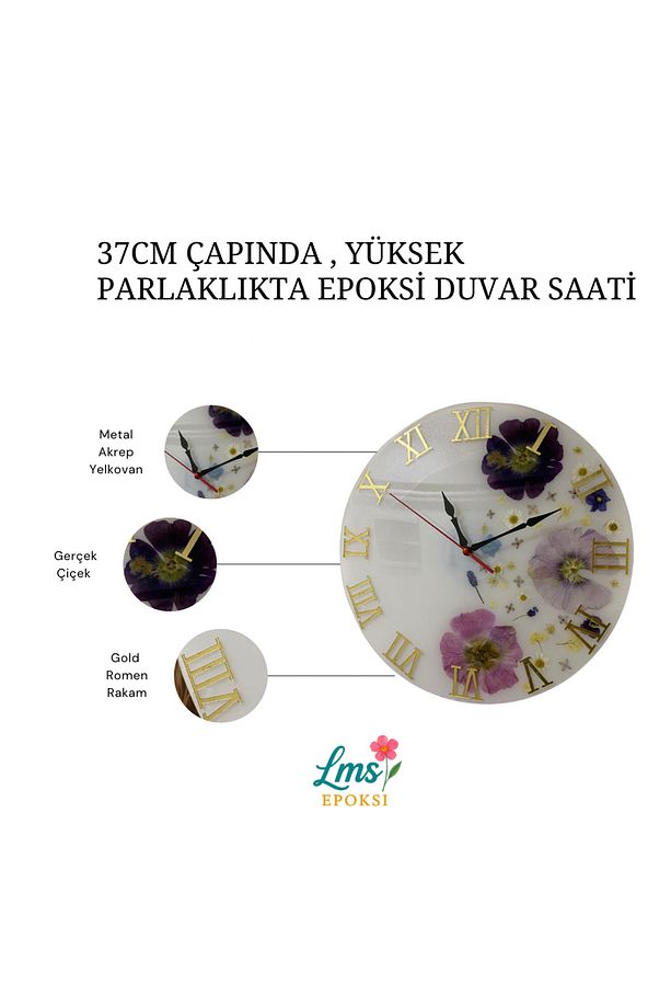 Epoksi Duvar Saati Gerçek Çiçekli 37 Cm - 4