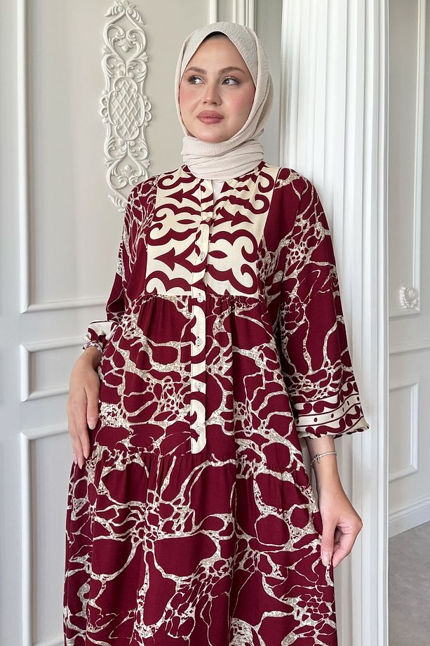 Hat Motif Desen Kırmızı Viskon Elbise - 5