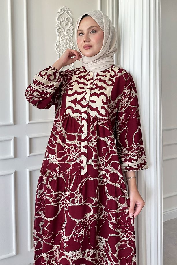 Hat Motif Desen Kırmızı Viskon Elbise - 3