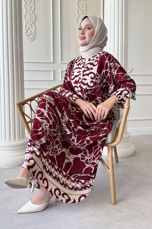 Hat Motif Desen Kırmızı Viskon Elbise - 1