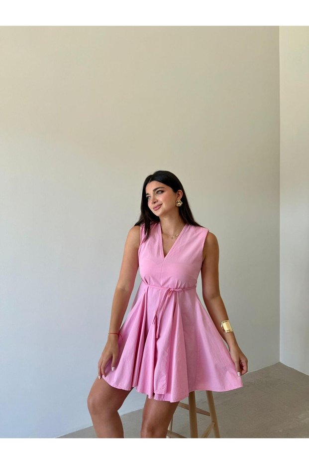 Pink Padded V-Neck Flounce Dress