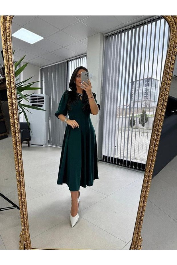 New Season Women's Short Sleeve Crew Neck Bow Brooch Midi Janjan Crepe Dress