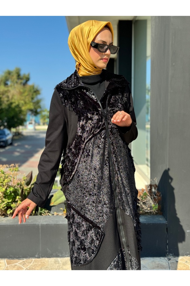 Kadife Patchwork Siyah Pardesü 36410 - 3