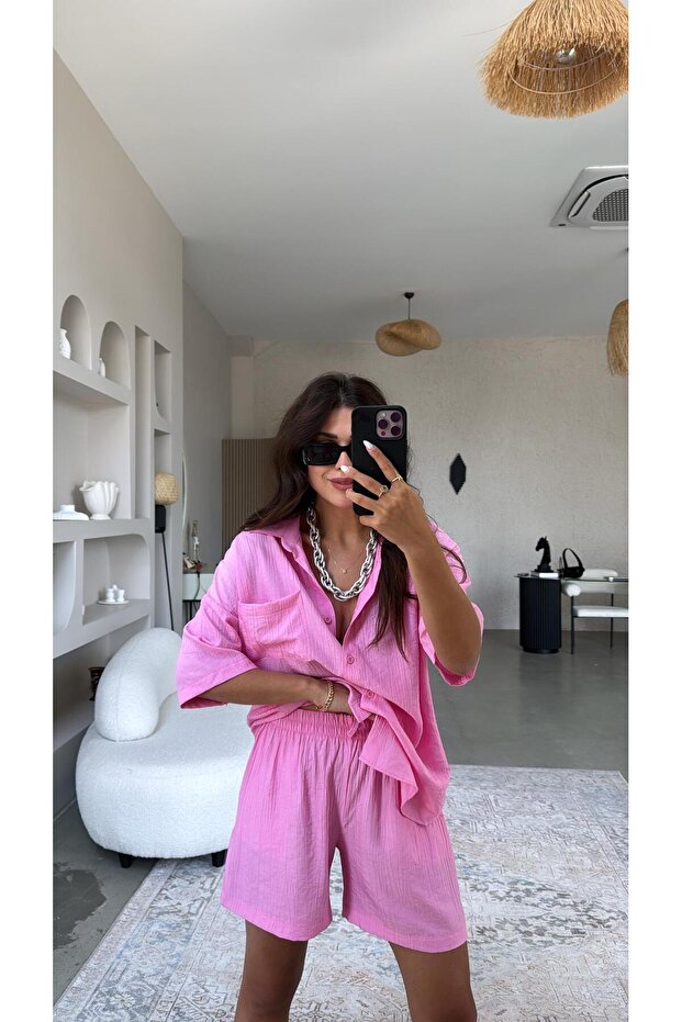 Pembe Çilek Kumaş Şort Gömlek Takım - 2