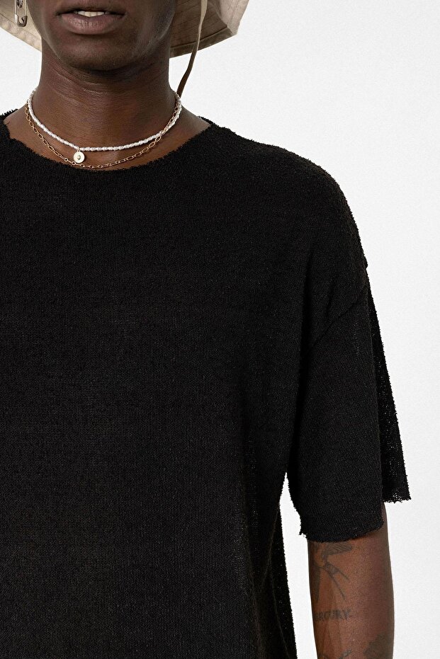 Basic Oversize Örme Triko Tişört Siyah - 4