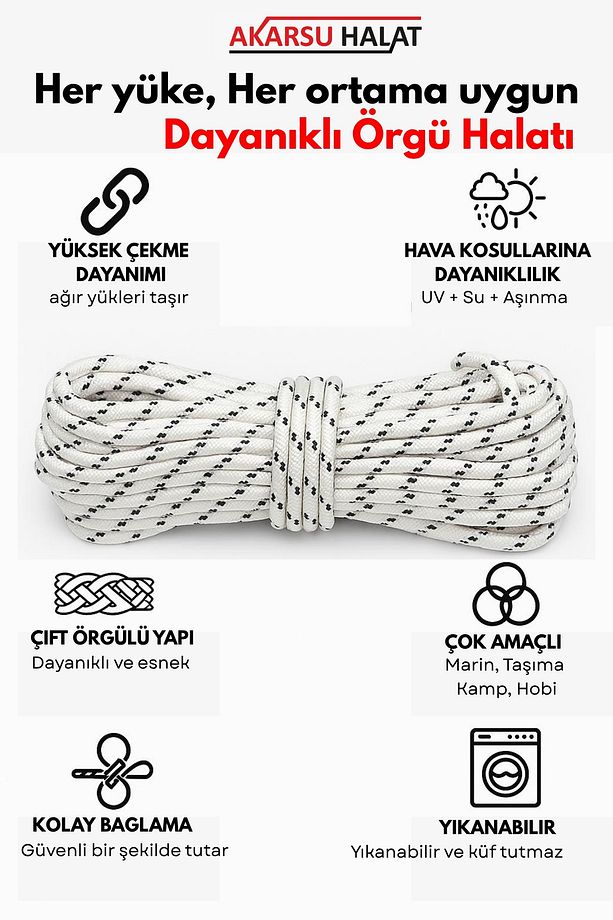 Dayanıklı Çift Örgülü Çok Amaçlı İskota Halat - 50 MT 3MM - iP - Çekme - Bağlama - Kamp - Marin - 2