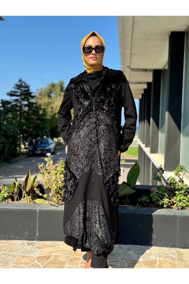 Kadife Patchwork Siyah Pardesü 36410 - 4