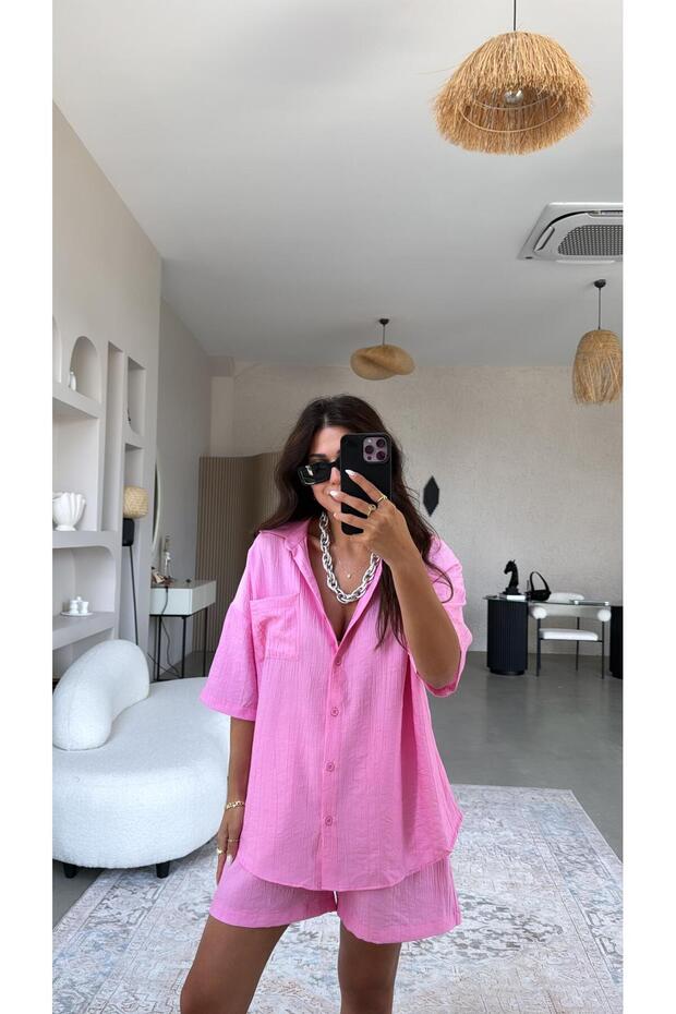 Pembe Çilek Kumaş Şort Gömlek Takım - 3