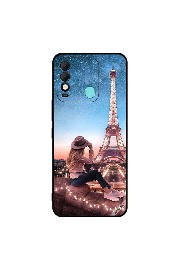 غطاء حماية لهاتف Tecno Spark 8 بتصميم فتاة القبعة وبرج إيفل