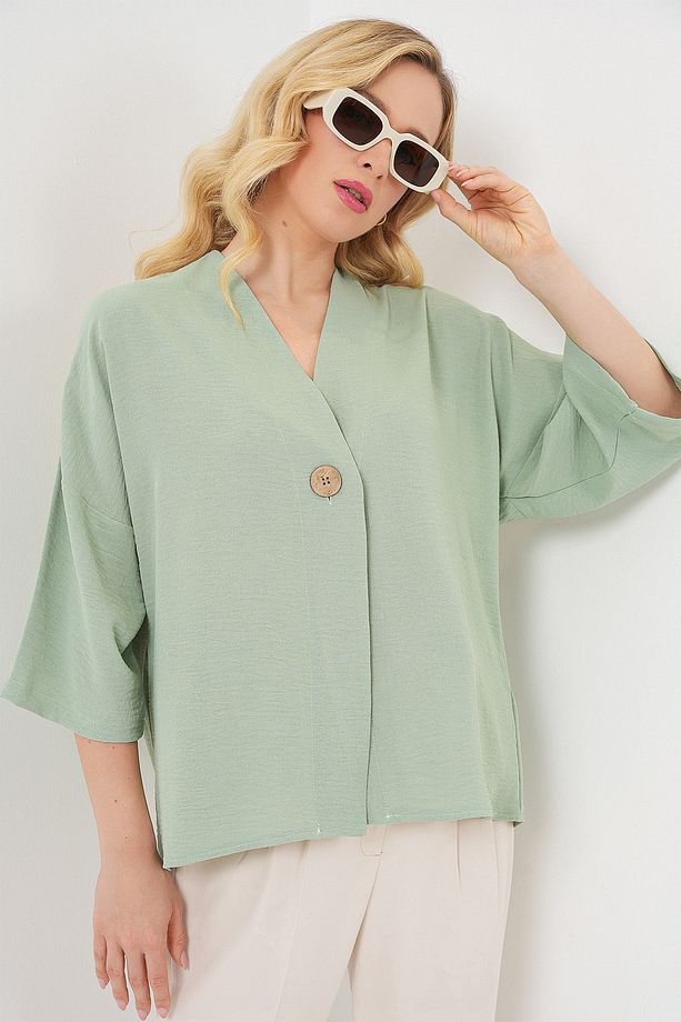 Kadın Kısa Kol Oversize Kimono 5969 - Çağla - 4