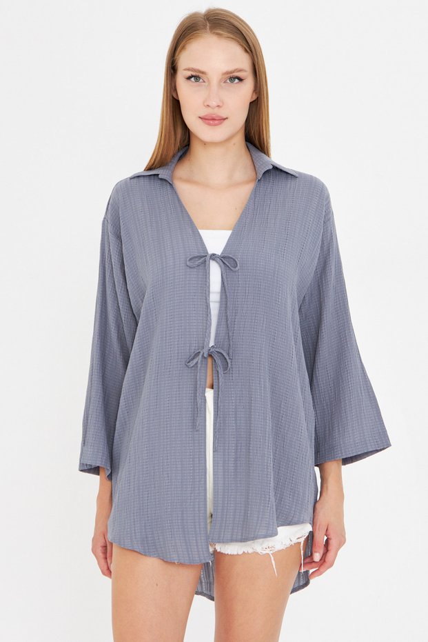 Women's Light Gray Shirt Collar Front Lace-Up Kimono Shirt Arm-25K001006