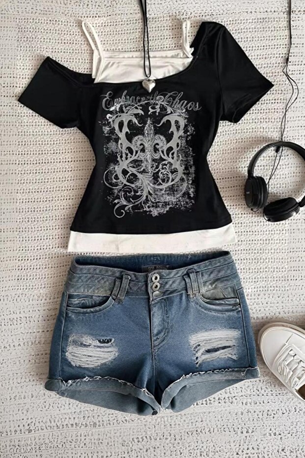 Black Embrace the Chaos Gothic Y2K Short Sleeve Full Body Crop with Additional Strap