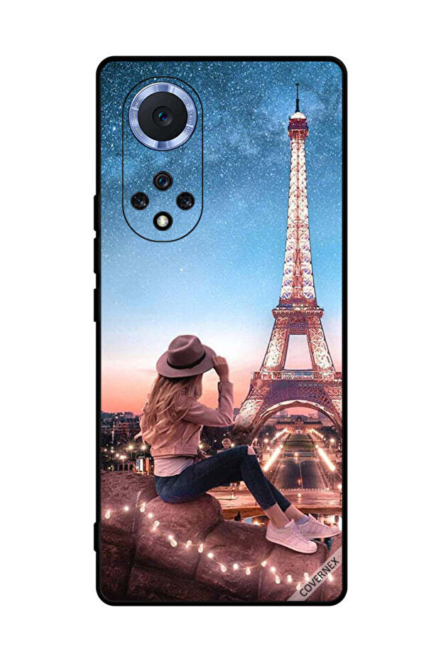 غطاء حماية لهاتف Honor 50 Pro بتصميم فتاة القبعة وبرج إيفل