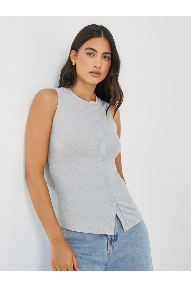 بلوزة محبوكة مضلعة بأزرار - 1