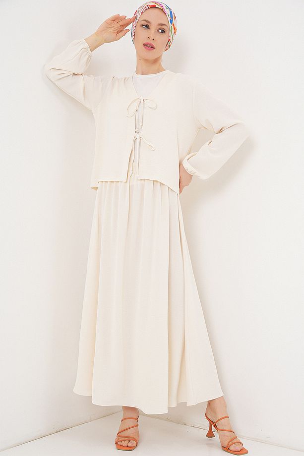 Kadın Ayrobin Kimono Etek İkili Takım 8047 - Ekru - 4