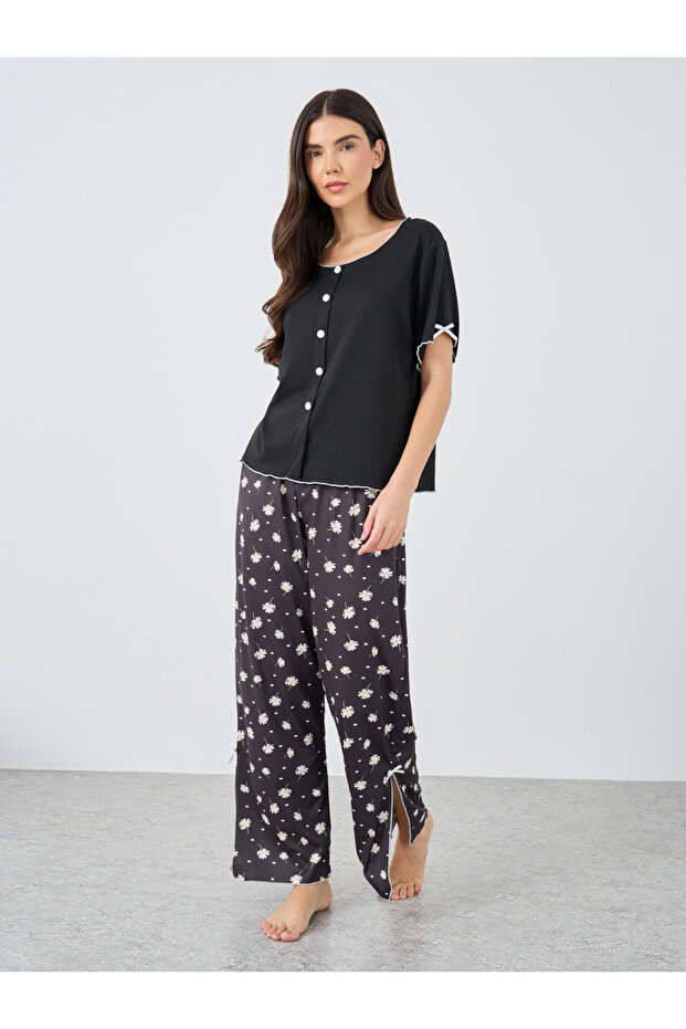 Button Front Short Sleeve Top and Pyjama Set