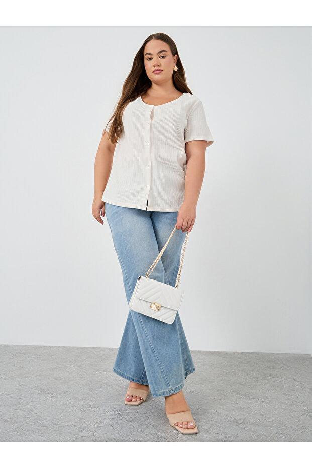 Plus White Textured Blouse with Front Button - 2