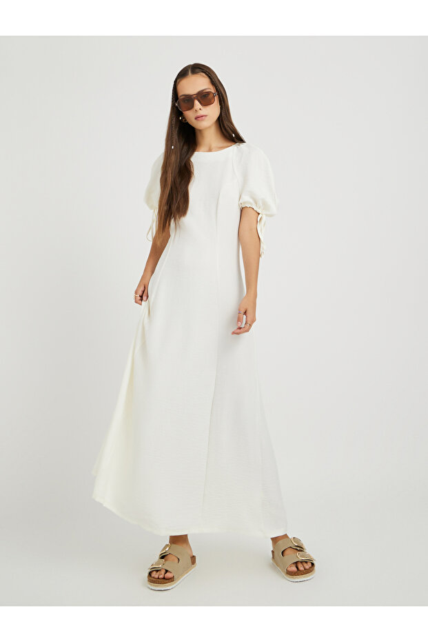Solid Puff Sleeves Round Neck A-Line Maxi Dress