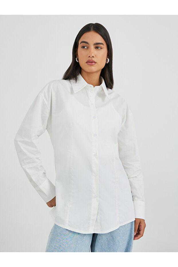 قميص سادة بأكمام طويلة وياقة واسعة - 2