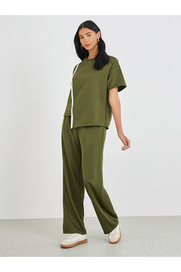 Lace Trim Round Neck Top and Pants Co-Ords