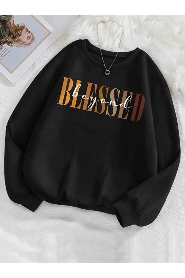 Beyond Blessed Printed Crew Neck Black Sweatshirt