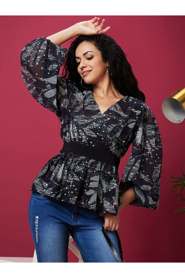 Floral Printed Balloon Sleeves V-Neck Top