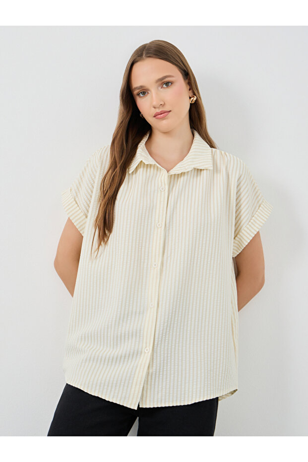 Striped Short Sleeve Oversized Buttoned Shirt