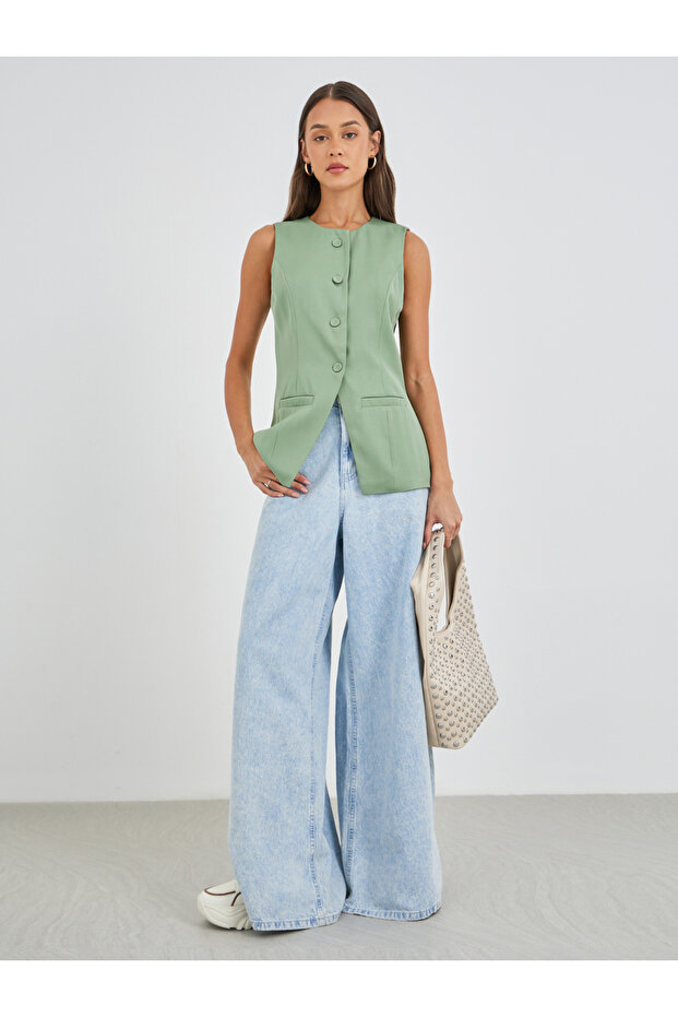 سترة طويلة بدون أكمام ذات صف واحد من الأزرار - 2