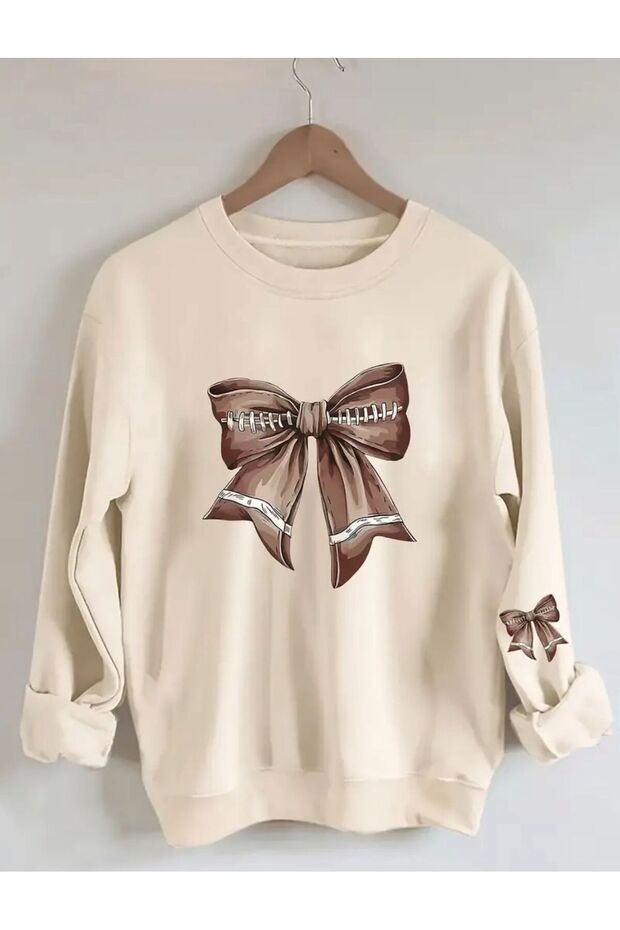 Brown Ribbon Printed Body and Sleeve Crew Neck Beige Sweatshirt