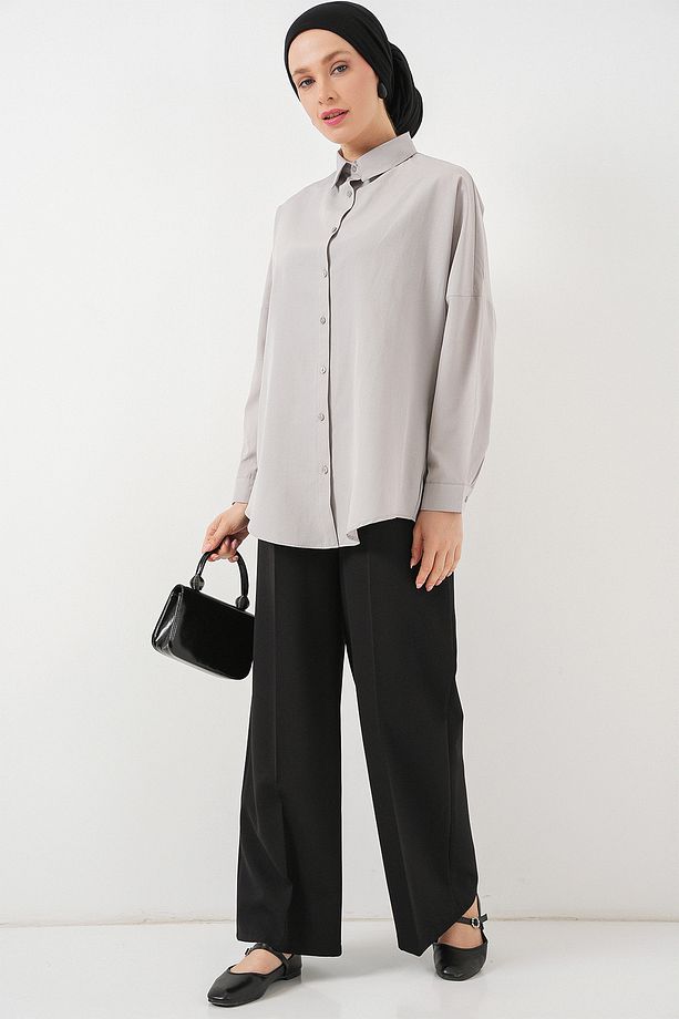103901 Oversize Basic Tesettür Gömlek - A.Gri - 2