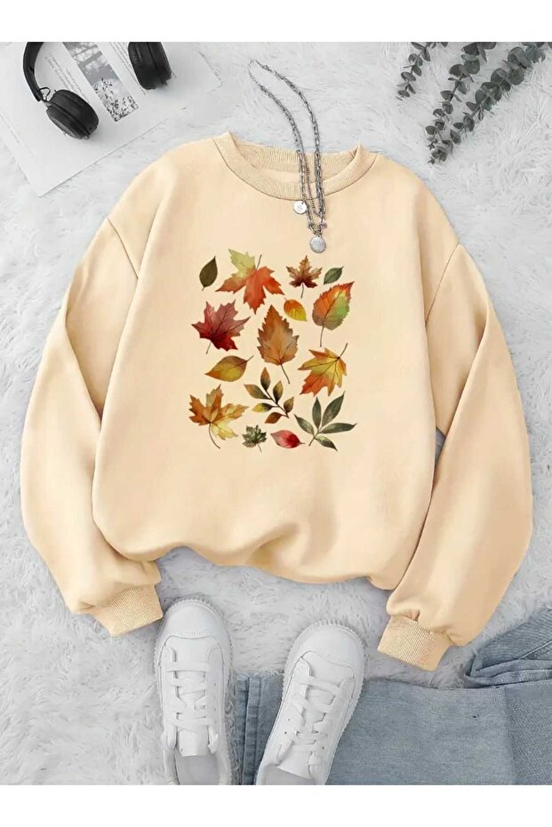 Autumn Leaves Printed Crew Neck Beige Sweatshirt