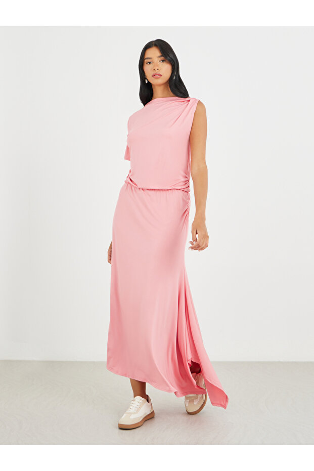 Solid One Short Sleeve Asymmetric Neck Maxi Dress