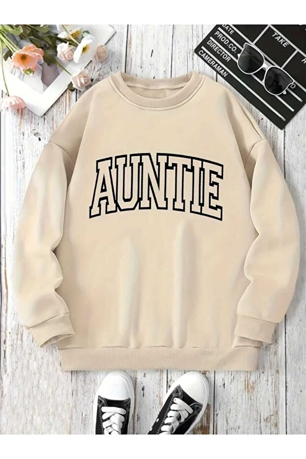 Auntie Printed Crew Neck Beige Sweatshirt