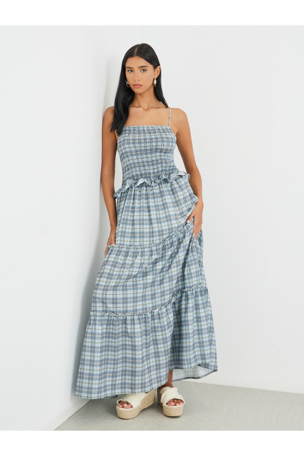 Checked Print Ruffled Detail Strappy Maxi Dress