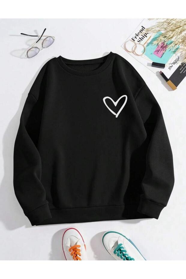 White Heart Chest and Sleeve Printed Crew Neck Black Sweatshirt