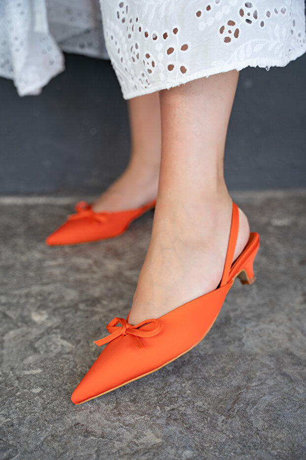 Fonis Orange Bow Detailed Satin Women's Heeled Shoes